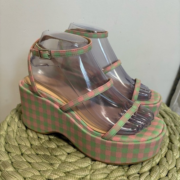 NEW Urban Outfitters UO Nora Strappy Green/Pink Plaid Platform Wedge Sandal - Picture 5 of 15